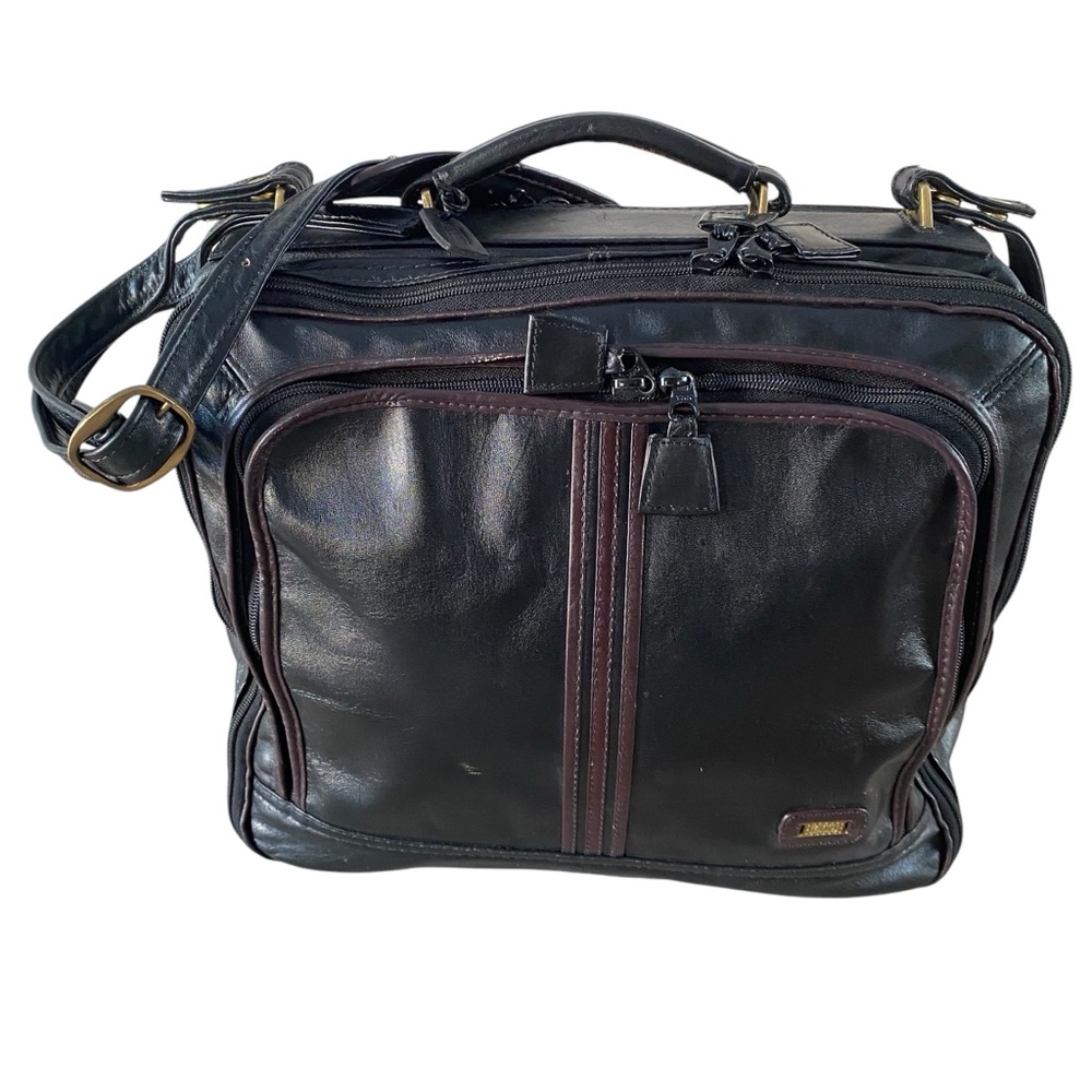 Land VTG Leather Bag Black Travel Business Carry On Shoulder Strap Zip Around